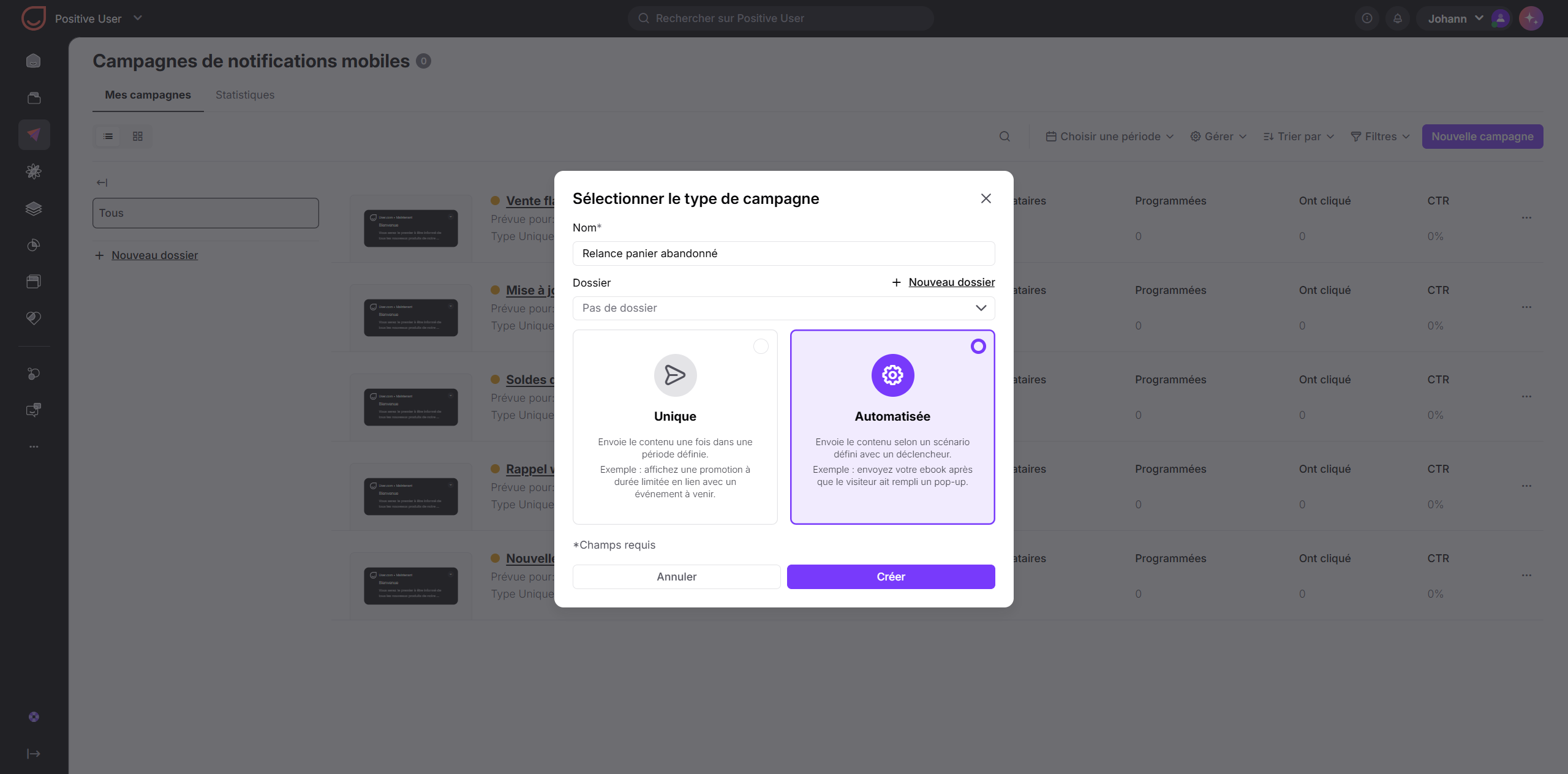 The mobile notification campaigns screen shows a “Sélectionner le type de campagne” dialog with the Automatisée option selected. Visible: Campagnes de notifications mobiles, Sélectionner le type de campagne, Nom*, Relance panier abandonné, Dossier, Nouveau dossier.