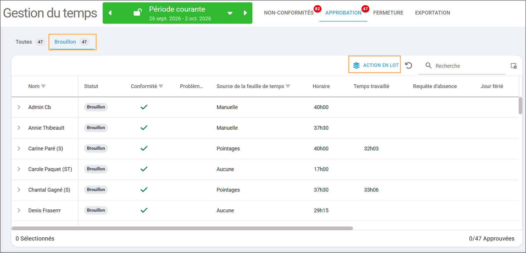 Accès à Action en lot depuis le filtre Brouillon