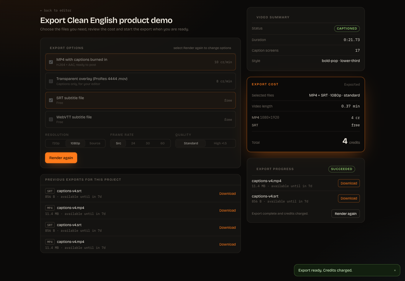 ClipSubtitles export page showing selected files and a fixed credit quote before approval.