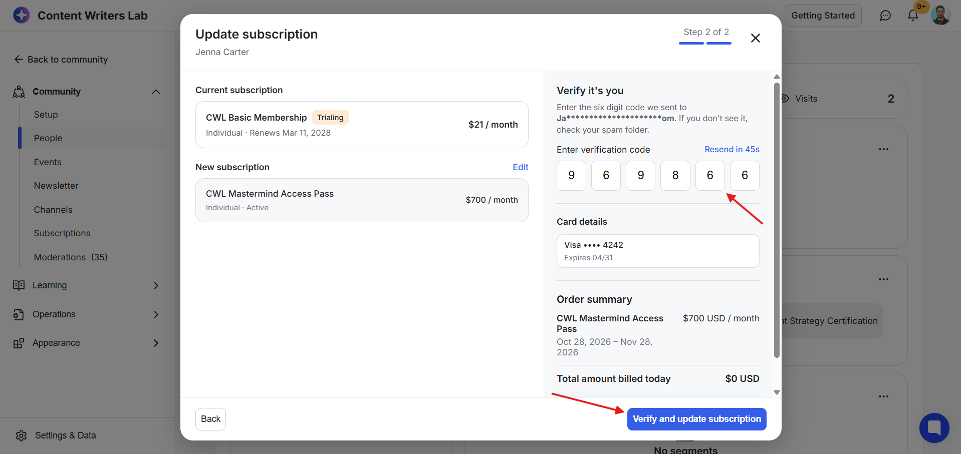 Update subscription modal, step 2 of 2, shows verification code and order summary; red arrows point to the sixth code field and Verify and update subscription button. Visible: Update subscription, Jenna Carter, Step 2 of 2, Current subscription, CWL Basic Membership, Trialing.