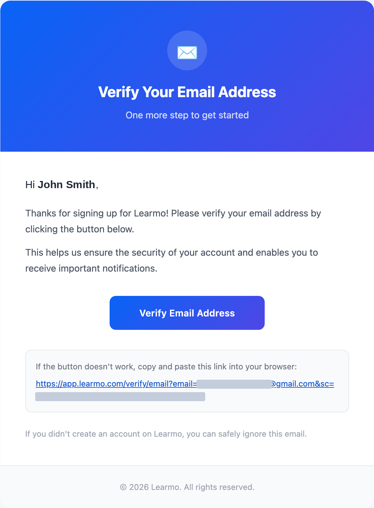 The Learmo verification email with the Verify Email Address button and the fallback link below it.