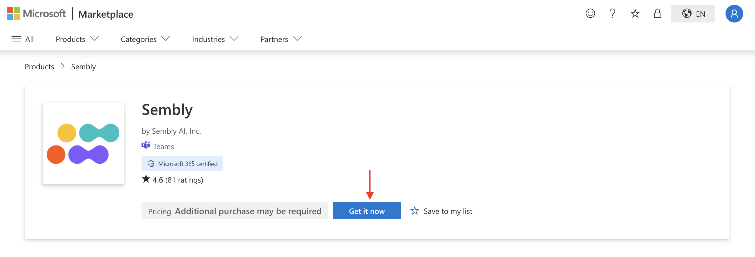 Microsoft Marketplace Sembly product page showing its Teams listing, certification, rating, pricing, and a red arrow pointing to the Get it now button. Visible: Microsoft, Marketplace, All, Products, Categories, Industries.