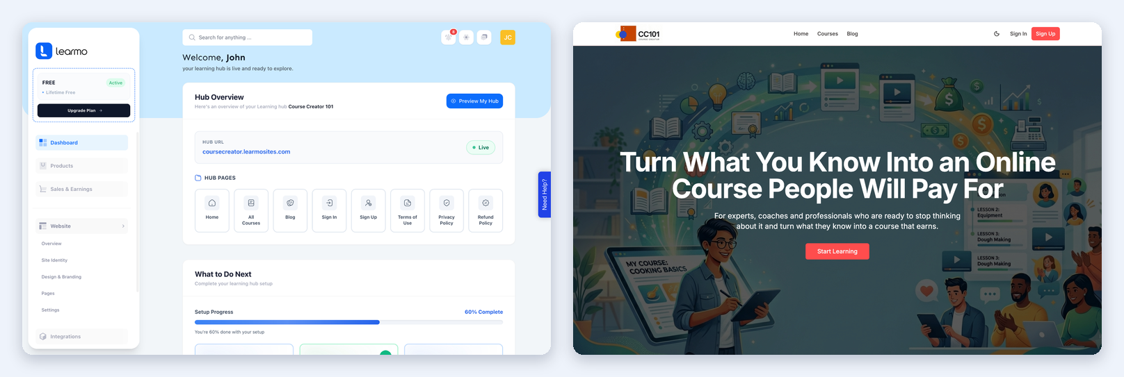 Learmo Dashboard beside the Learning Hub homepage
