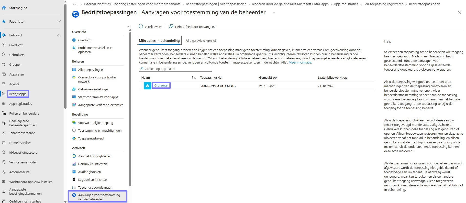 Het Microsoft Entra-beheerdersscherm ‘Aanvragen voor toestemming van de beheerder’ toont de gemarkeerde navigatieoptie en de app ‘Crossuite’ onder ‘Mijn acties in behandeling’. Visible: Bedrijfsapps, Aanvragen voor toestemming van de beheerder, Mijn acties in behandeling, Alle (preview-versie), Zoek
