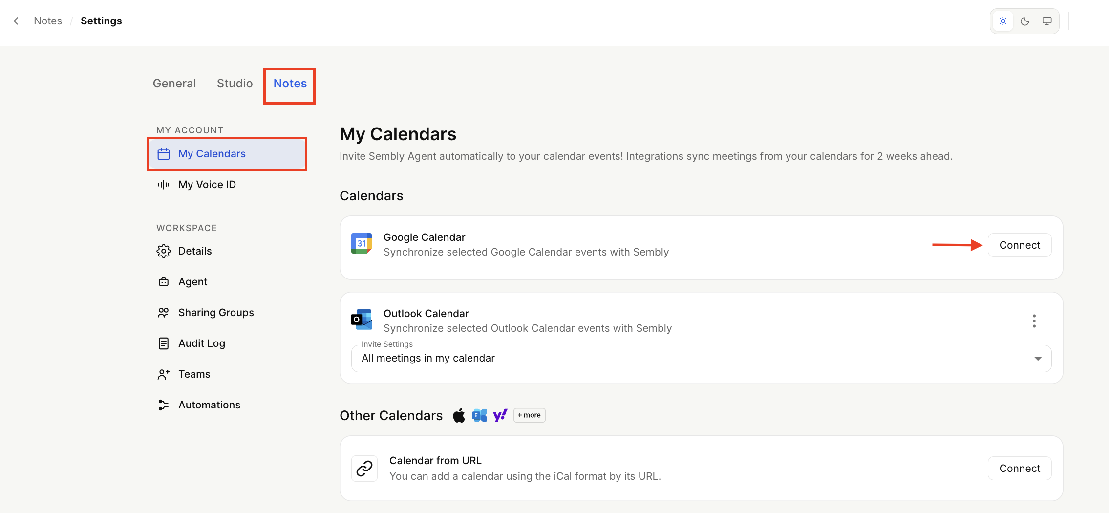 Settings screen with the Notes tab and My Calendars section selected, showing calendar integrations; a red arrow points to the Google Calendar Connect button. Visible: Notes, General, Studio, MY ACCOUNT, My Calendars, My Voice ID.