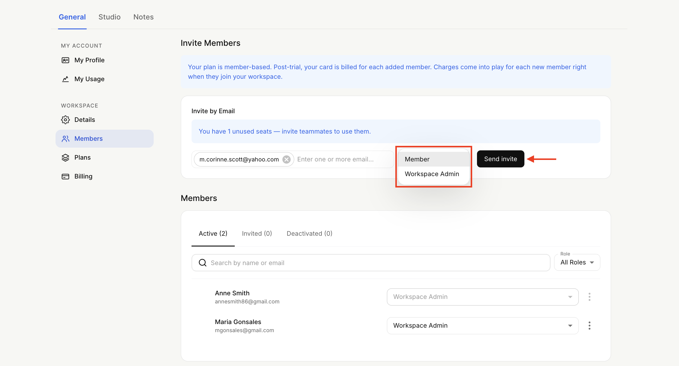 Workspace settings Members screen shows email invitations, a role menu with Member and Workspace Admin highlighted by a red box, and a red arrow pointing to Send invite. Visible: General, Studio, Notes, Invite Members, Invite by Email, You have 1 unused seats — invite teammates to use them.