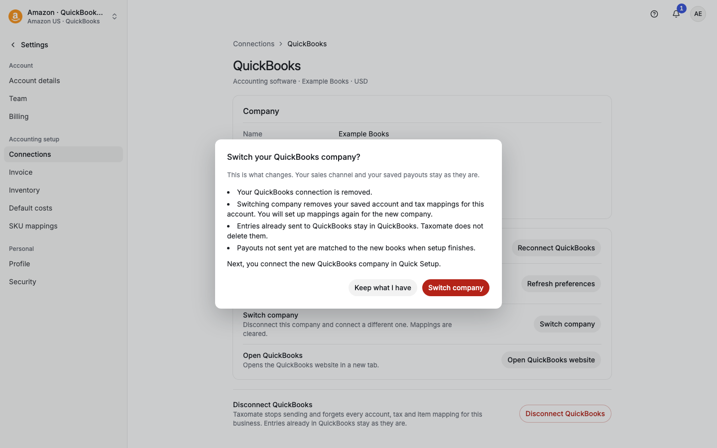 Switch your QuickBooks company dialog with Keep what I have and Switch company