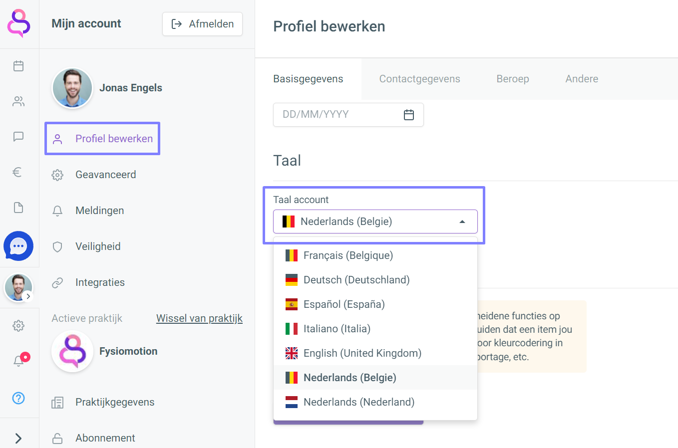 The Profiel bewerken screen shows the Taal account dropdown open with Nederlands (België) selected and language options listed. Visible: Mijn account, Afmelden, Jonas Engels, Profiel bewerken, Geavanceerd, Meldingen.