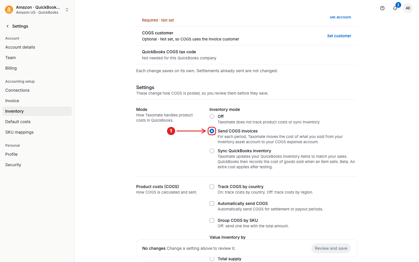 Send COGS invoices mode in Inventory settings
