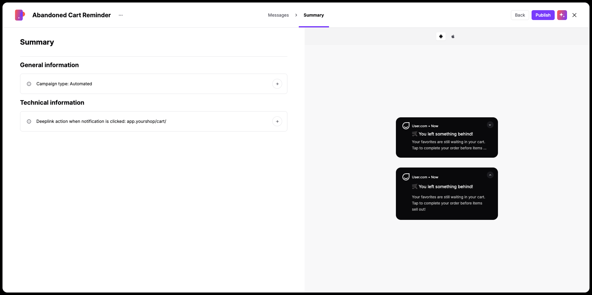 The Summary screen for the Abandoned Cart Reminder campaign shows automated campaign details, a cart deeplink, and two Android notification previews. Visible: Abandoned Cart Reminder, Messages, Summary, Back, Publish, General information.