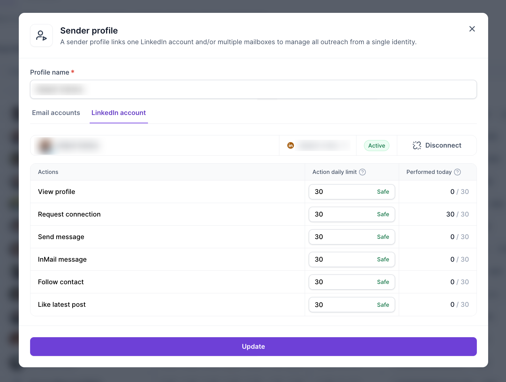 Sender profile settings modal with the LinkedIn account tab selected, showing connection status and daily action limits for LinkedIn outreach. Visible: Sender profile, Profile name, Email accounts, LinkedIn account, Active, Disconnect.