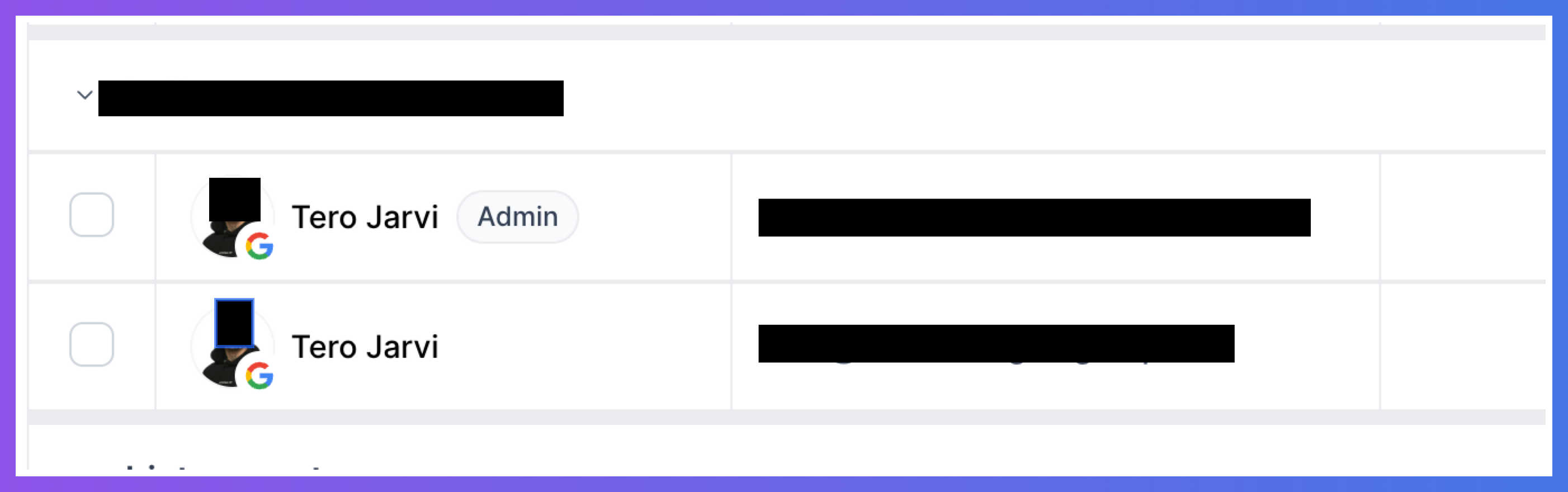 A user list table shows two Tero Jarvi entries, the first marked Admin, with Google account icons; a blue outline marks the second profile avatar. Visible: Tero Jarvi, Admin.