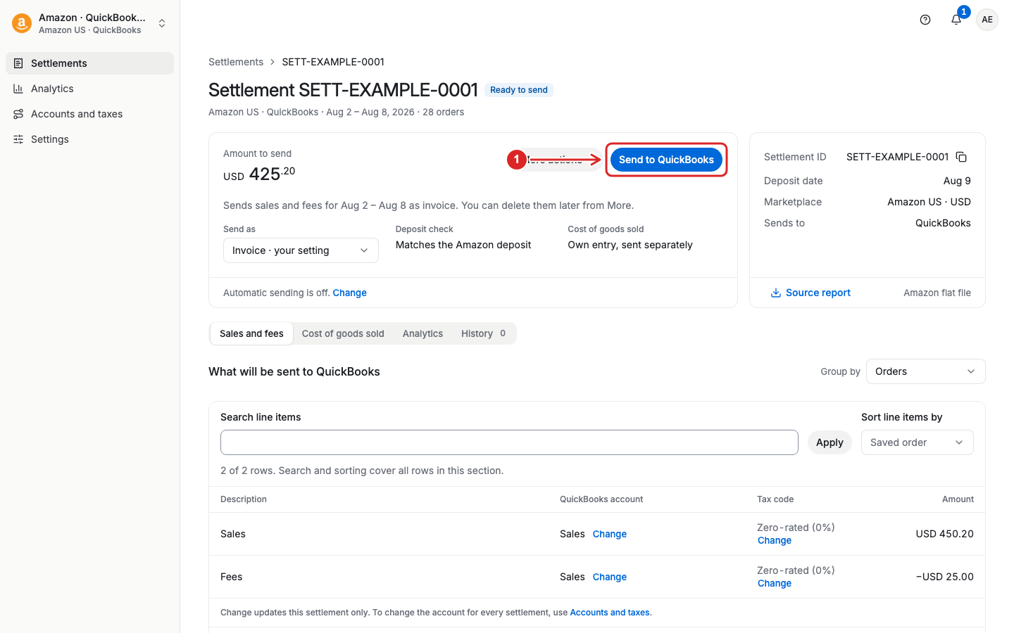 Send sales and fees from a settlement detail page