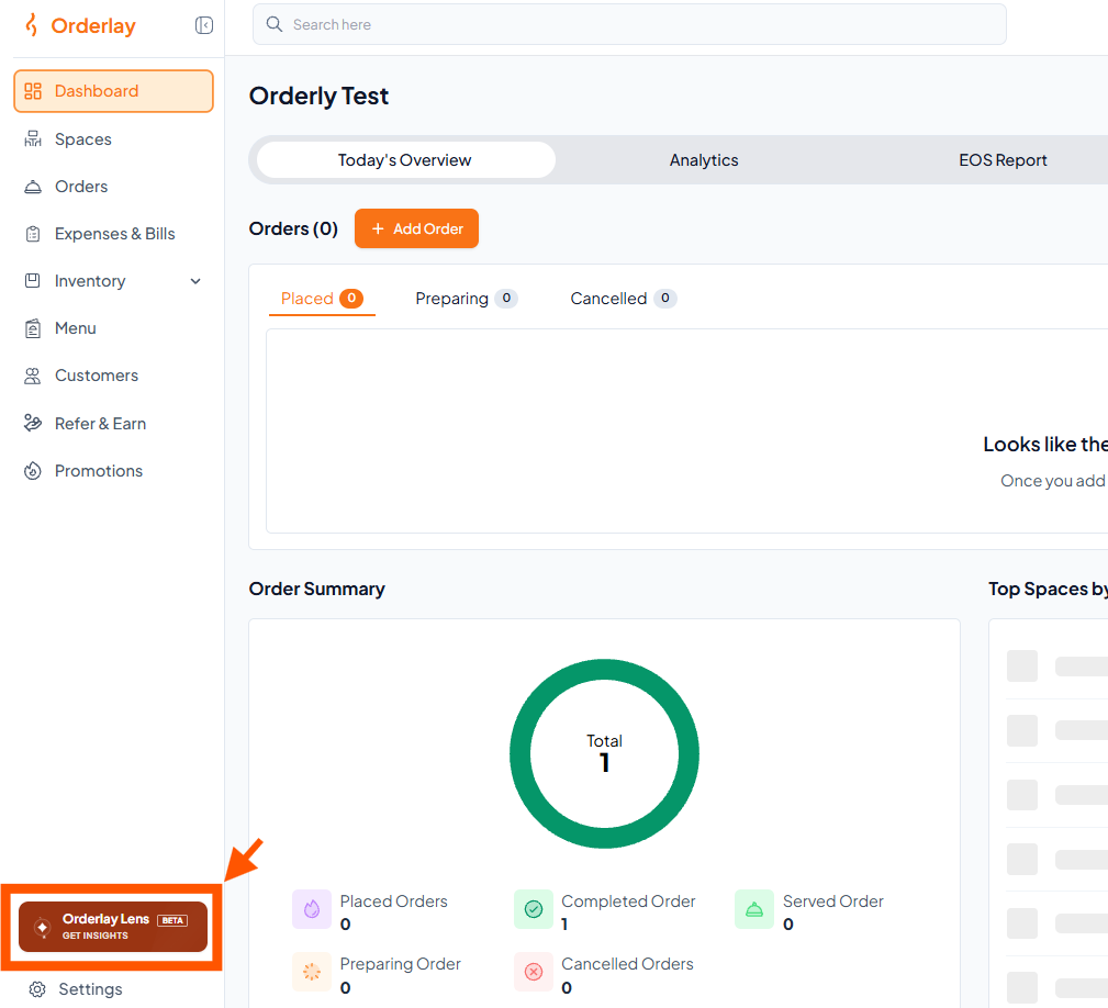 Orderly Test dashboard with Order Summary; an orange arrow and box highlight the Orderly Lens sidebar button. Visible: Orderly, Search here, Dashboard, Spaces, Orders, Expenses & Bills.