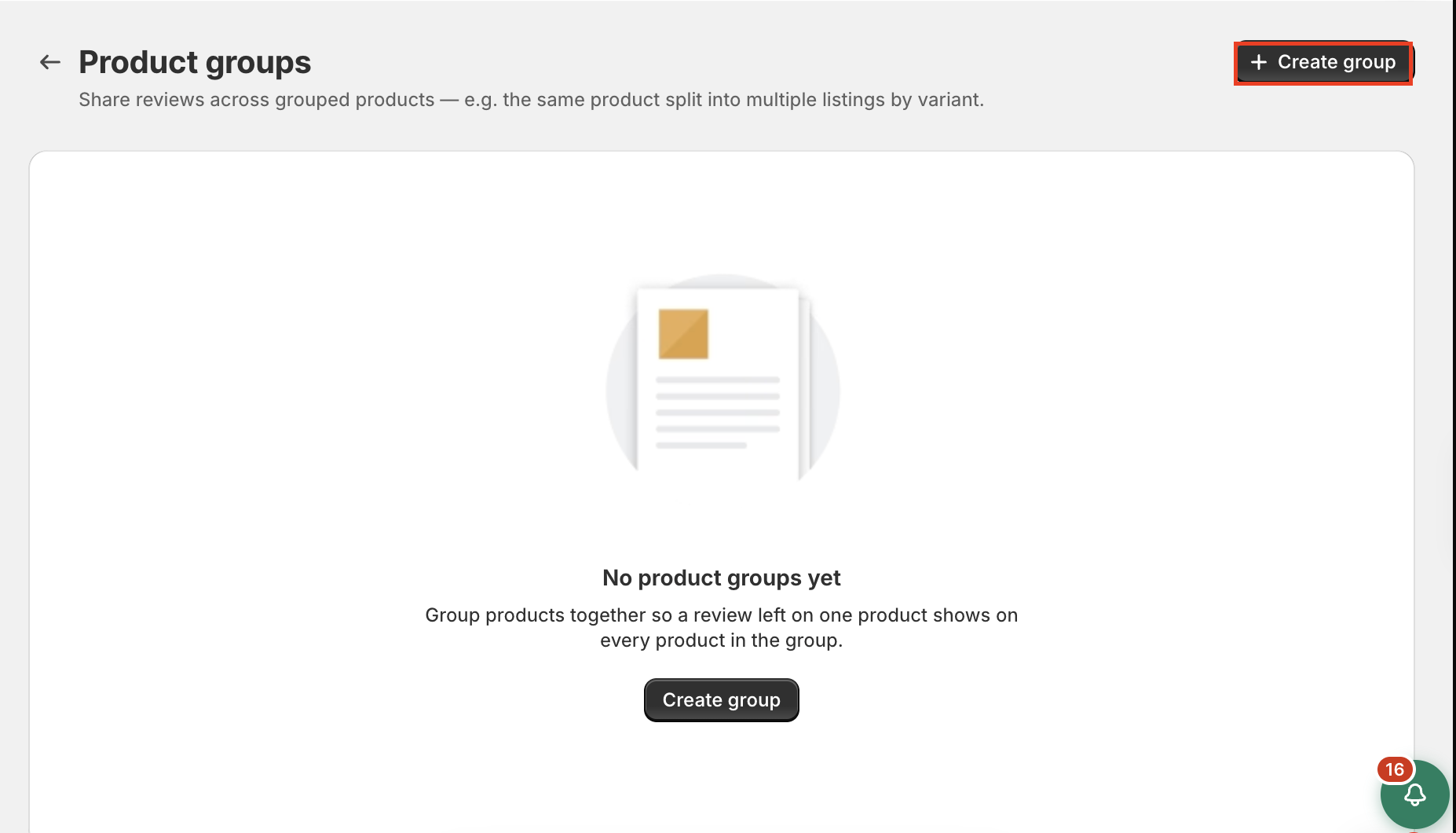 The Product groups screen shows an empty state, with a red outline highlighting the top-right Create group button. Visible: Product groups, Share reviews across grouped products — e.g. the same product split into multiple listings by variant., Create group, No product groups yet, Group products toge