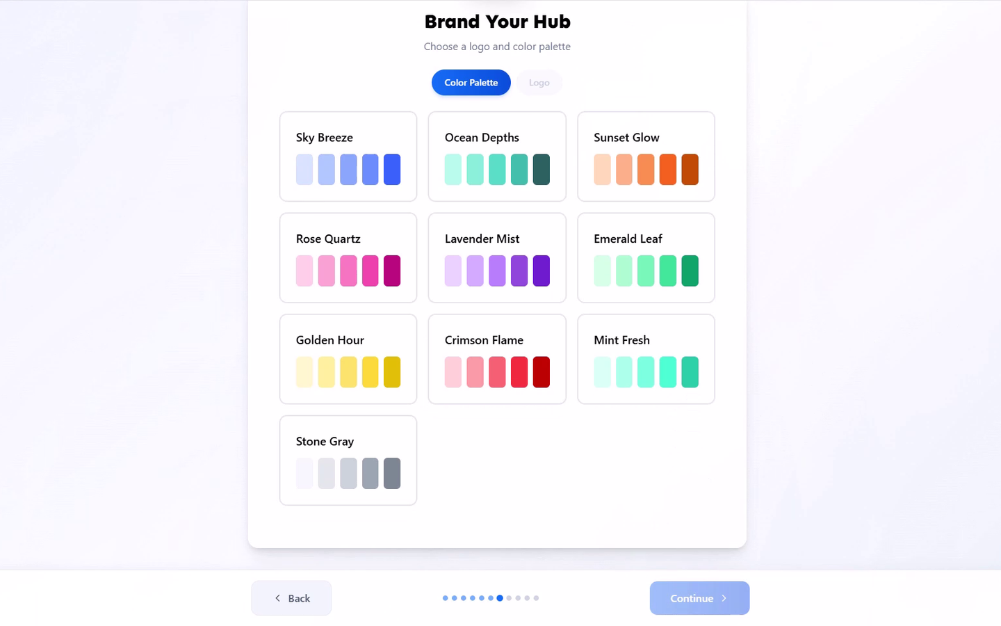 The Brand Your Hub screen, showing the Color Palette grid of named palette options