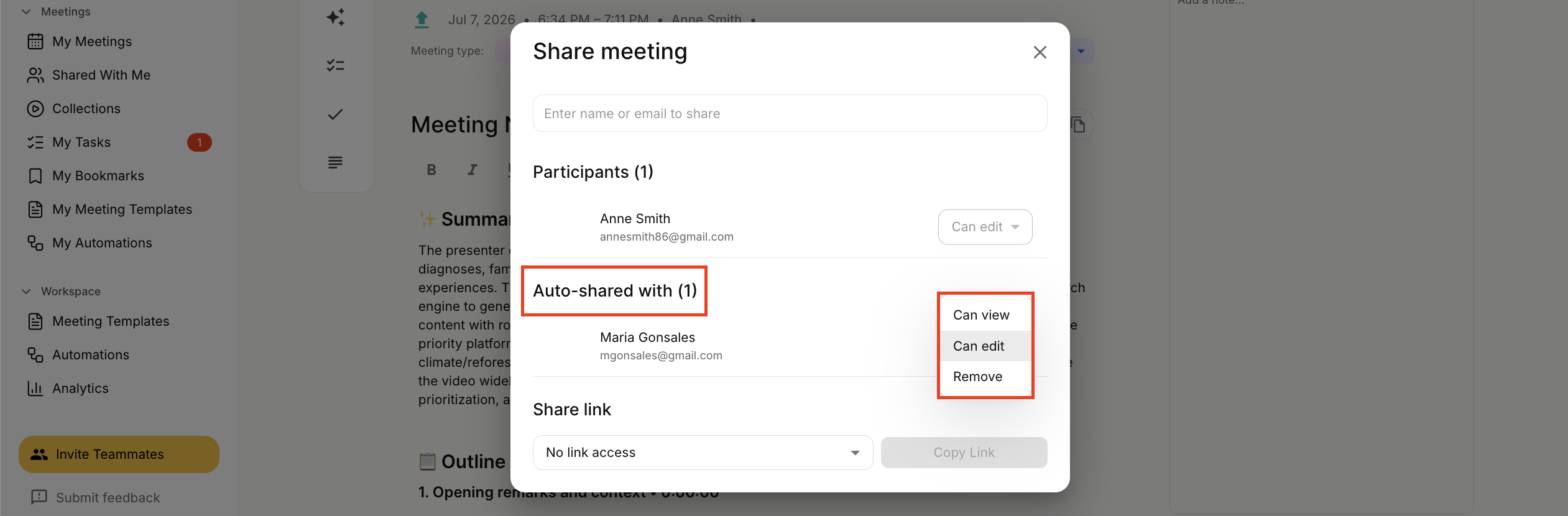 The Share meeting dialog shows participants and link access; red boxes highlight Auto-shared with (1) and the Can view, Can edit, and Remove menu. Visible: Share meeting, Enter name or email to share, Participants (1), Anne Smith, Auto-shared with (1), Maria Gonsales.