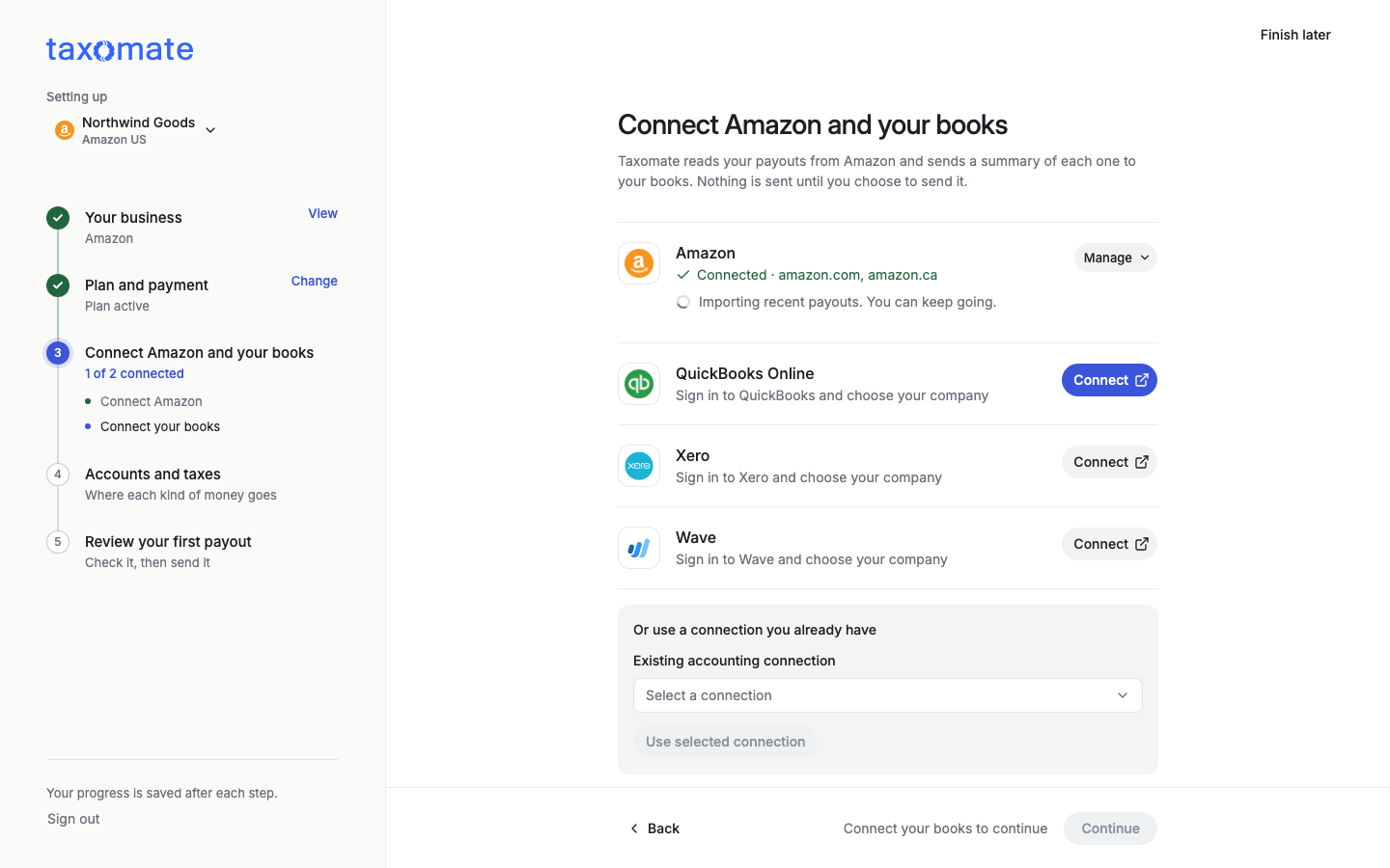Connect Amazon and your books step with QuickBooks Online, Xero, and Wave rows