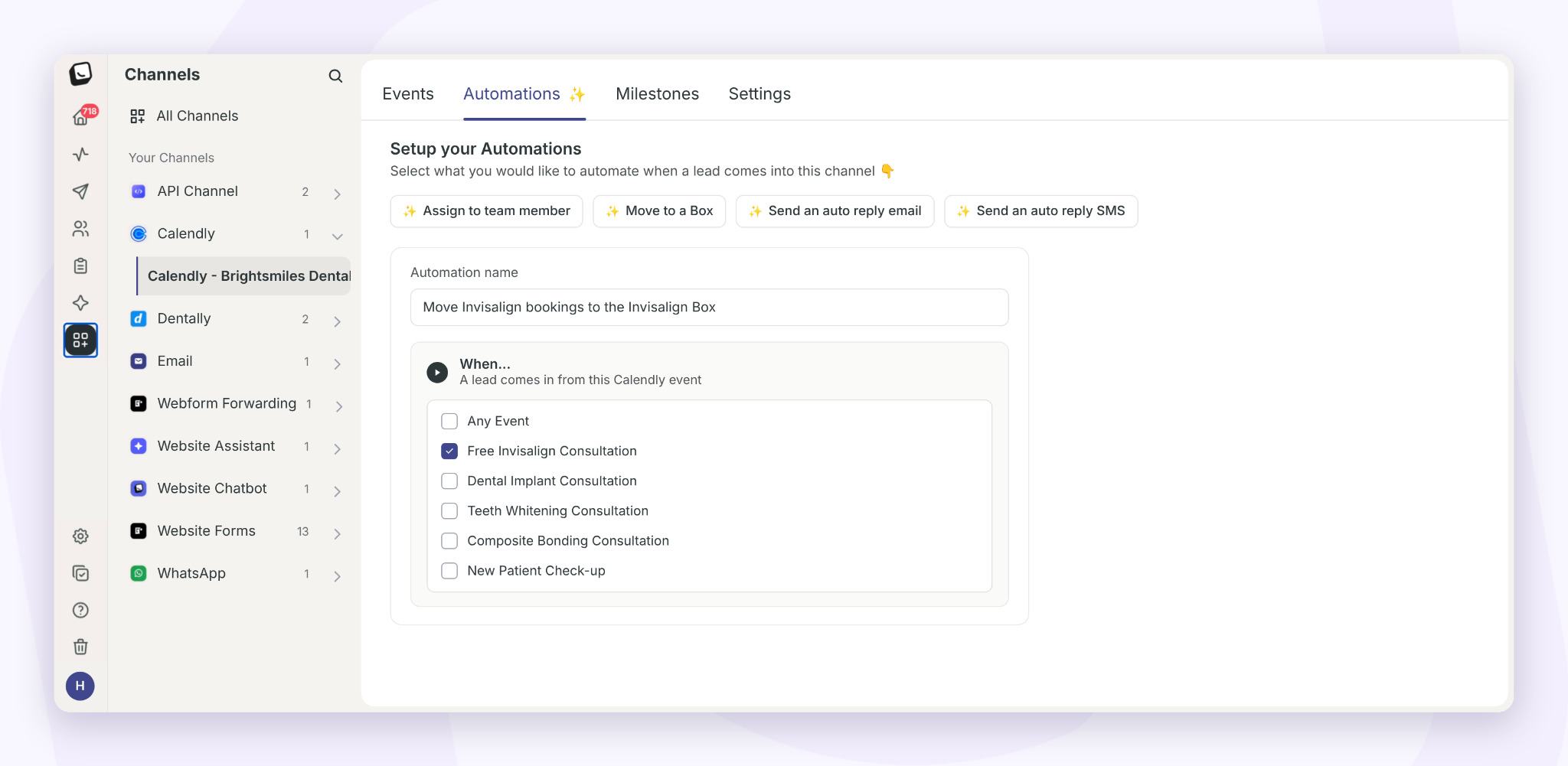 The Channels Automations screen shows a Calendly automation named “Move Invisalign bookings to the Invisalign Box,” triggered by the selected Free Invisalign Consultation event. Visible: Channels, All Channels, Calendly, Events, Automations, Milestones.