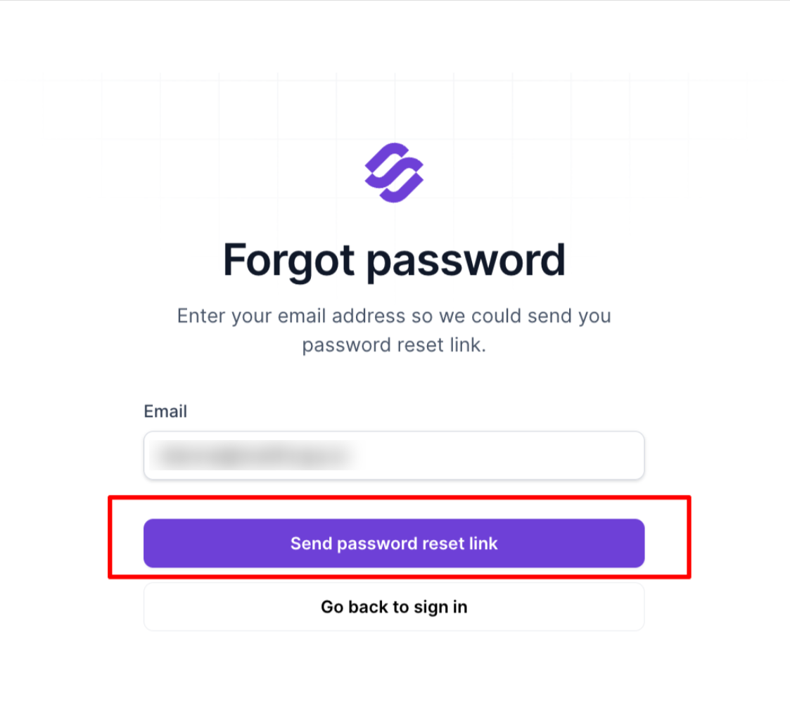 Forgot password screen with an email field; a red rectangle highlights the “Send password reset link” button. Visible: Forgot password, Enter your email address so we could send you password reset link., Email, Send password reset link, Go back to sign in.