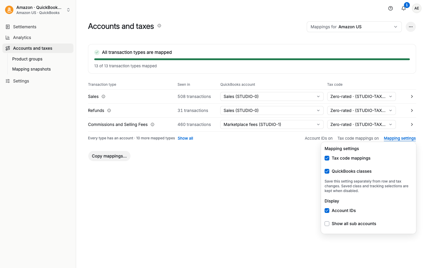 Mapping settings menu with Tax code mappings turned on
