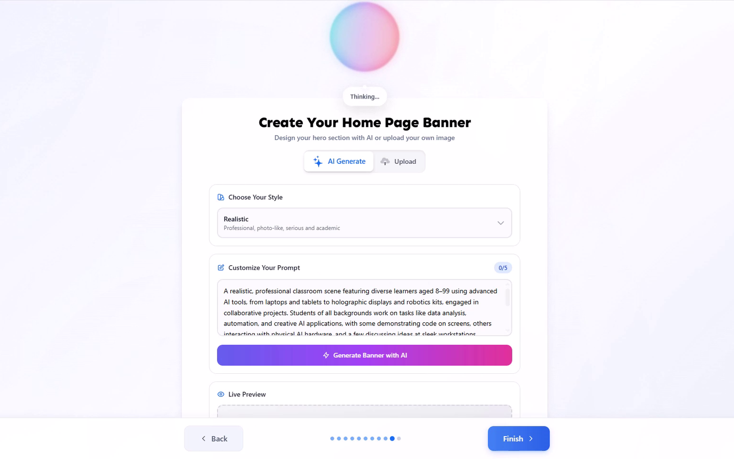 The Create Your Home Page Banner screen, showing the AI Generate and Upload toggle, the style picker, the customizable prompt, and the Live Preview panel