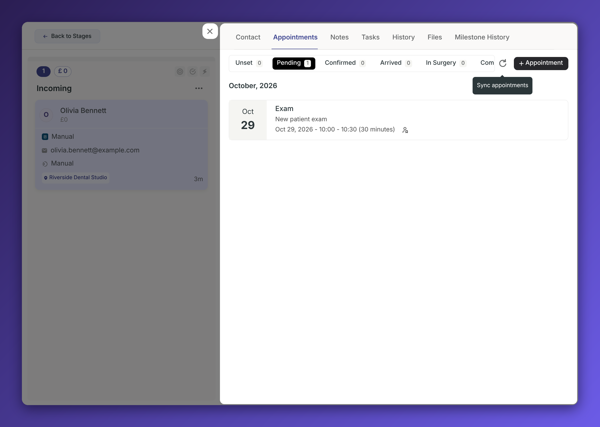 The contact record’s Appointments tab shows one pending exam appointment scheduled for October 29, 2026, with a Sync appointments tooltip. Visible: Back to Stages, Contact, Appointments, Notes, Tasks, History.