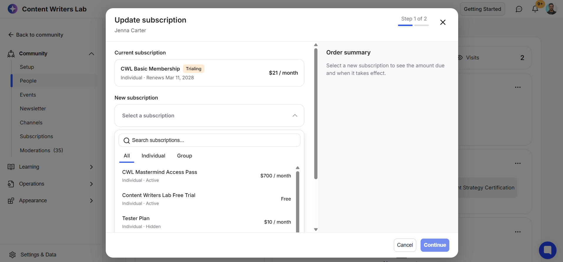 The Update subscription dialog for Jenna Carter shows the current CWL Basic Membership, subscription search and plan list, order summary, and Continue button. Visible: Content Writers Lab, Back to community, Community, People, Subscriptions, Update subscription.
