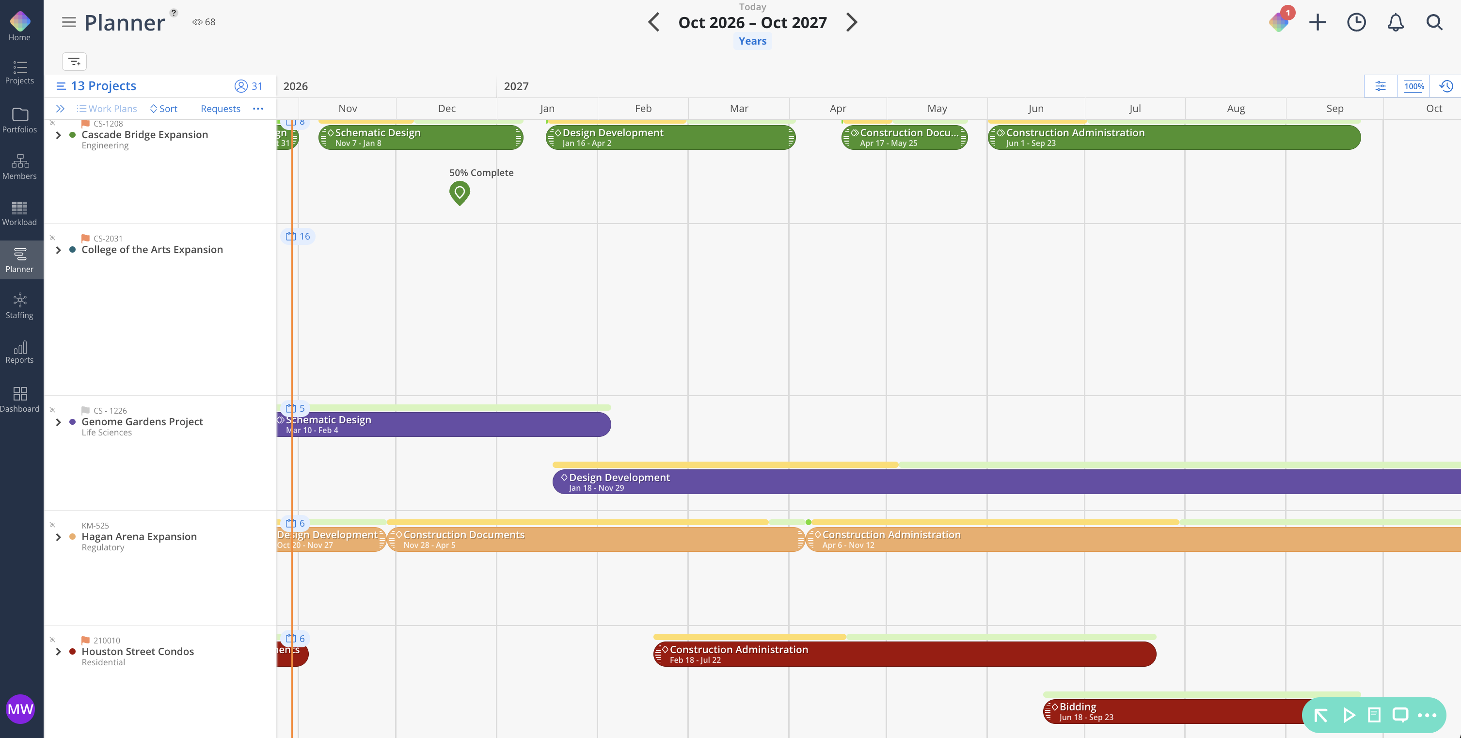 Planner Years timeline for Oct 2026–Oct 2027 shows project rows and color-coded phases across months, with the Projects panel open on the left. Visible: Planner, Oct 2026 – Oct 2027, Years, 13 Projects, Work Plans, Sort.