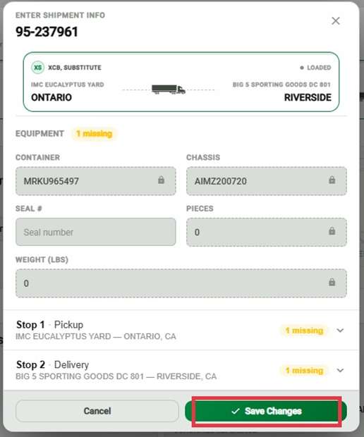 The Enter Shipment Info modal in the IMC Vendor Portal, showing Container #, Chassis #, Seal #, Pieces, and Weight fields, per-stop rows, and the Save Changes button.