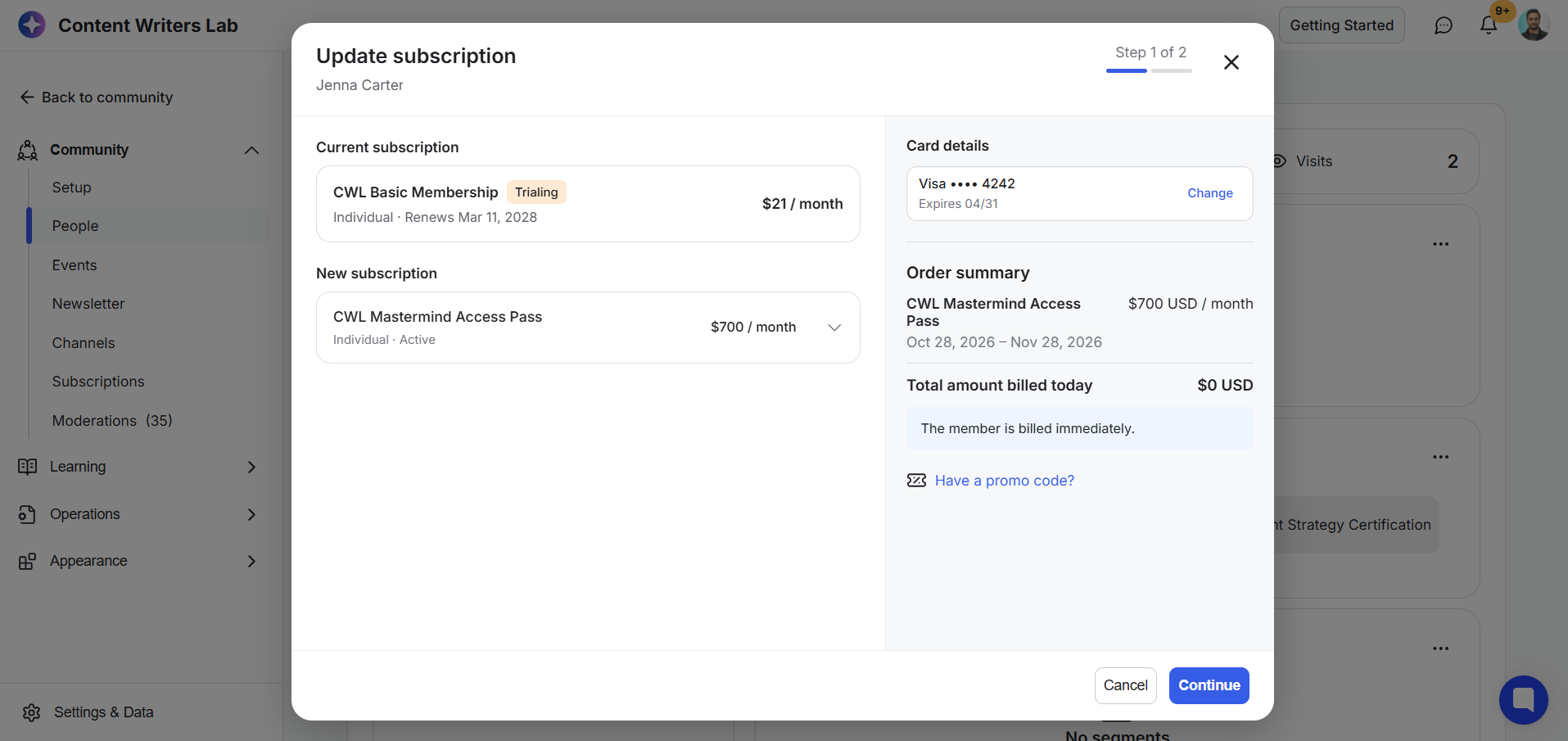 The Update subscription modal for Jenna Carter shows current and new plans, card details, an order summary, and Step 1 of 2. Visible: Update subscription, Jenna Carter, Step 1 of 2, Current subscription, CWL Basic Membership, Trialing.