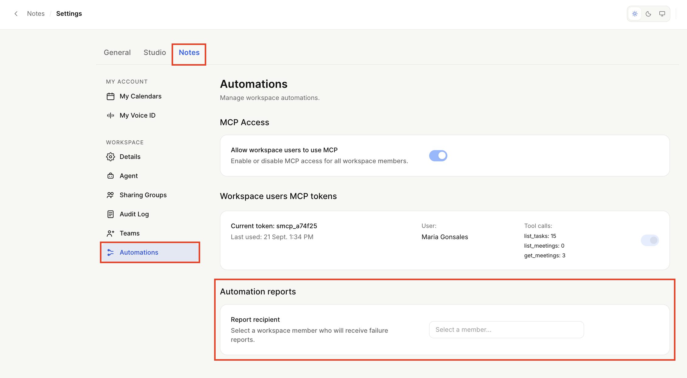 The Notes Settings page shows Workspace > Automations with MCP access, workspace user tokens, and Automation reports; red boxes mark the Notes tab, Automations menu item, and reports section. Visible: Notes, Settings, General, Studio, MY ACCOUNT, My Calendars.
