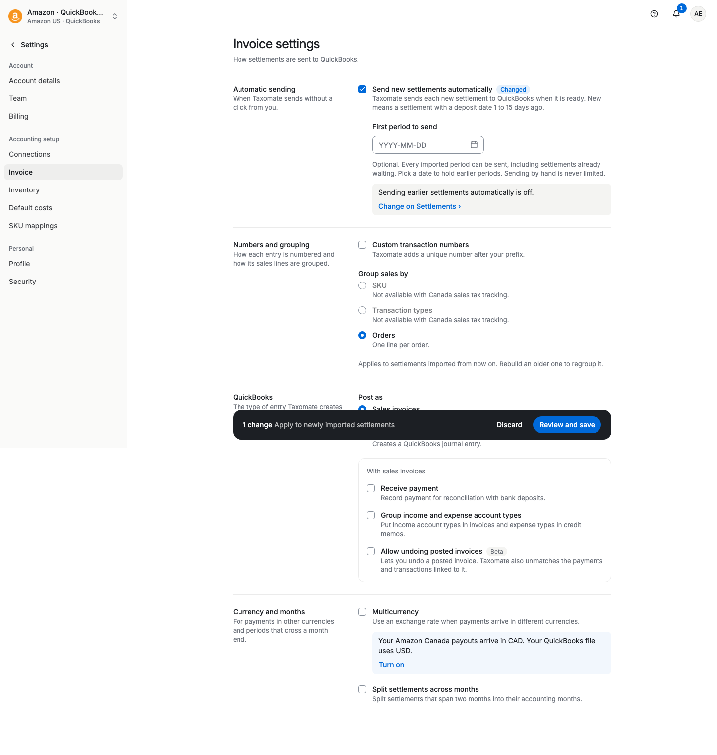 Invoice settings with the Send new settlements automatically checkbox