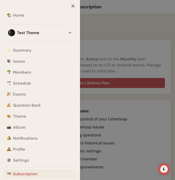 Letterloop web navigation drawer with Subscription selected on a narrow screen.