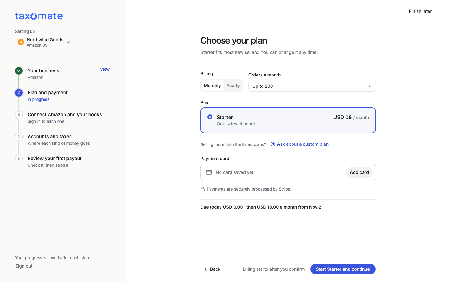 Choose your plan step with billing period, orders a month, plan, and payment card
