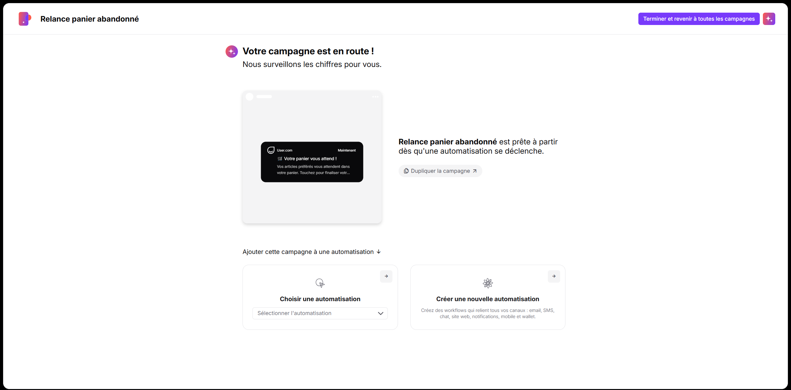 The “Relance panier abandonné” campaign confirmation screen says the campaign is ready and offers options to add it to an automation. Visible: Relance panier abandonné, Terminer et revenir à toutes les campagnes, Votre campagne est en route !, Nous surveillons les chiffres pour vous., User.com, Main