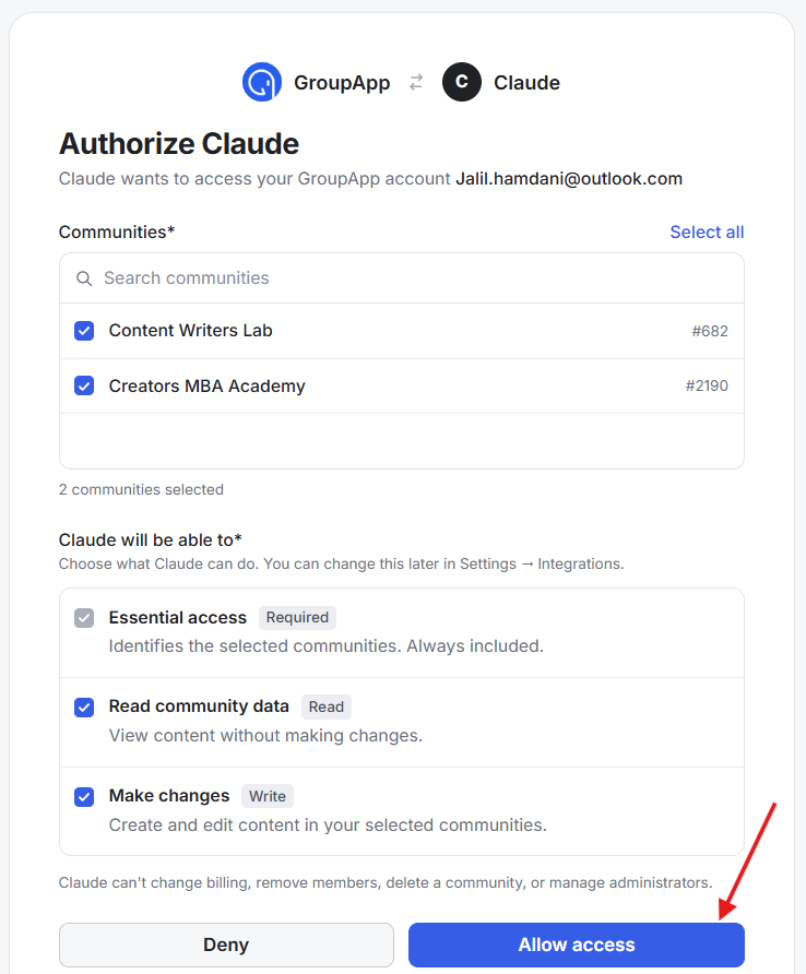 GroupApp “Authorize Claude” screen shows two selected communities and checked access permissions; a red arrow points to the “Allow access” button. Visible: GroupApp, Claude, Authorize Claude, Claude wants to access your GroupApp account, Communities*, Select all.