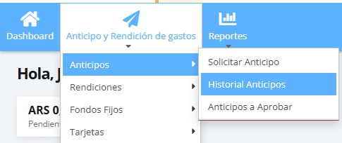 The Anticipo y Rendición de gastos navigation menu is open on the dashboard, with Anticipos expanded and Historial Anticipos highlighted. Visible: Dashboard, Anticipo y Rendición de gastos, Reportes, Anticipos, Rendiciones, Fondos Fijos.