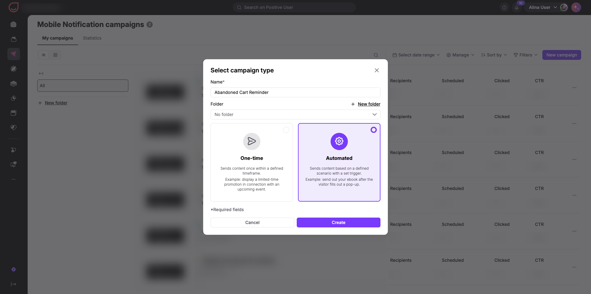 The Select campaign type modal on the Mobile Notification campaigns screen shows an Abandoned Cart Reminder campaign with Automated selected. Visible: Mobile Notification campaigns, Select campaign type, Name*, Abandoned Cart Reminder, Folder, New folder.