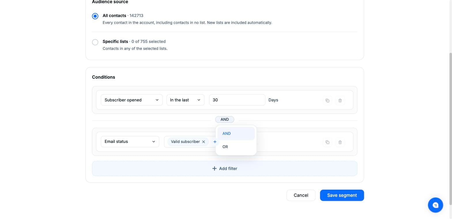 Mailercloud segment builder screenshot