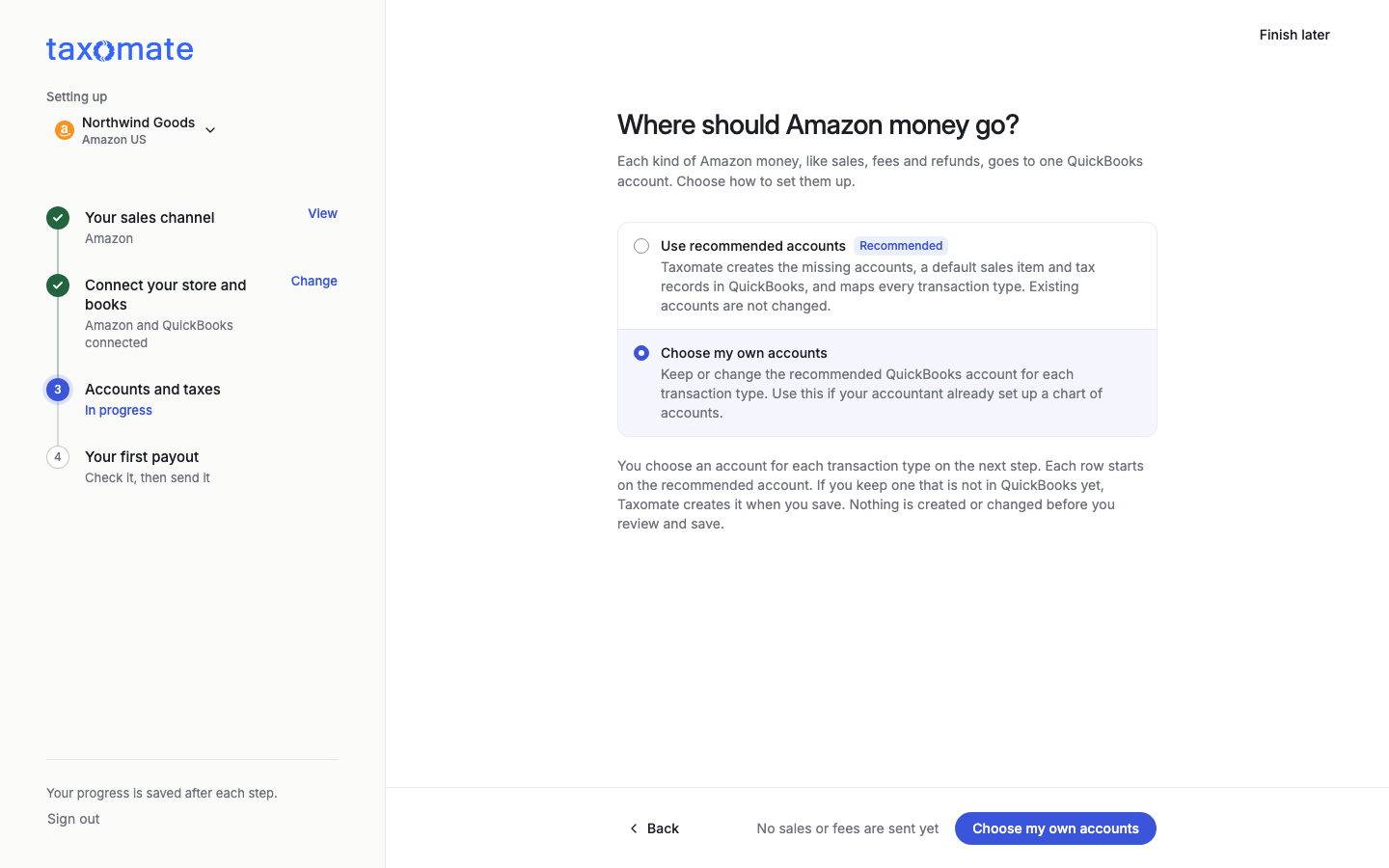 Choose my own accounts selected, with a note about the next step