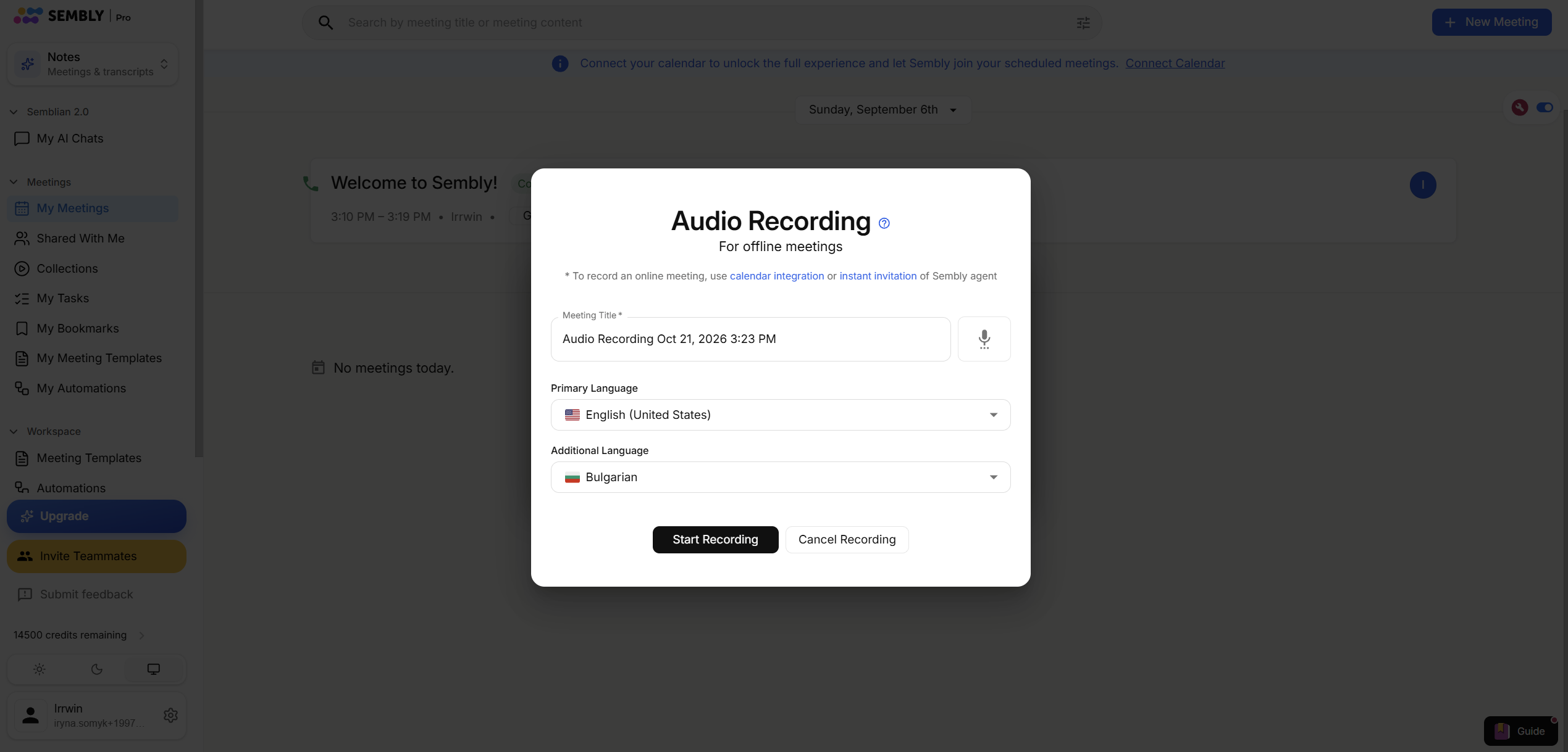The Sembly My Meetings screen shows an Audio Recording dialog for offline meetings, with meeting title and language settings above Start Recording and Cancel Recording buttons. Visible: Audio Recording, For offline meetings, calendar integration, instant invitation, Meeting Title *, Audio Recording