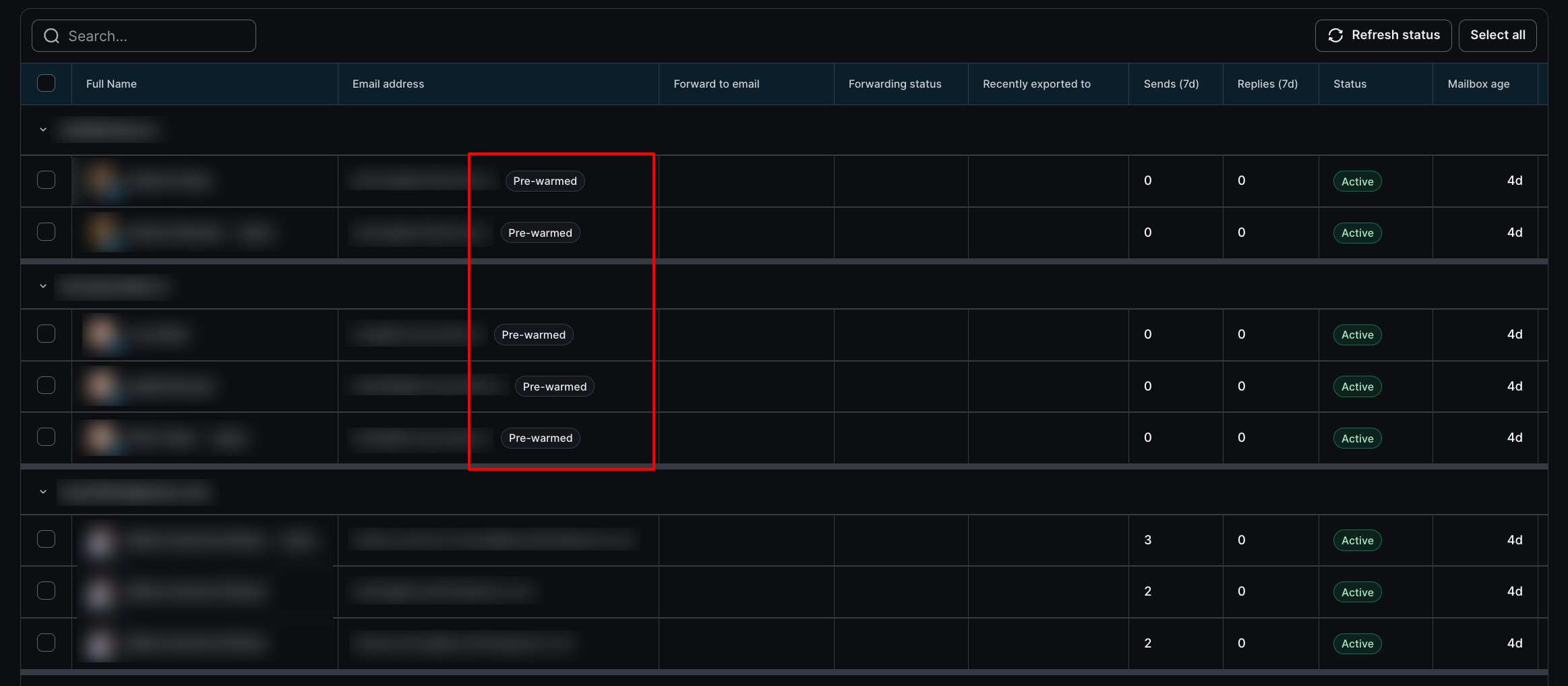 A mailbox table shows forwarding and activity columns, with a red rectangle highlighting “Pre-warmed” labels beside email addresses. Visible: Search..., Refresh status, Select all, Full Name, Email address, Forward to email.