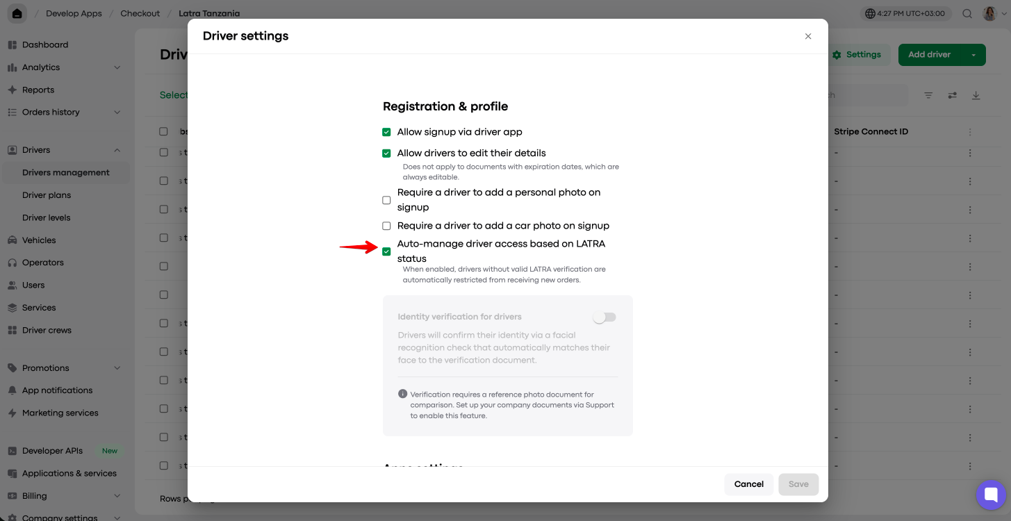 Driver settings modal shows Registration & profile options, with a red arrow pointing to the checked Auto-manage driver access based on LATRA status checkbox. Visible: Driver settings, Registration & profile, Allow signup via driver app, Allow drivers to edit their details, Does not apply to documen