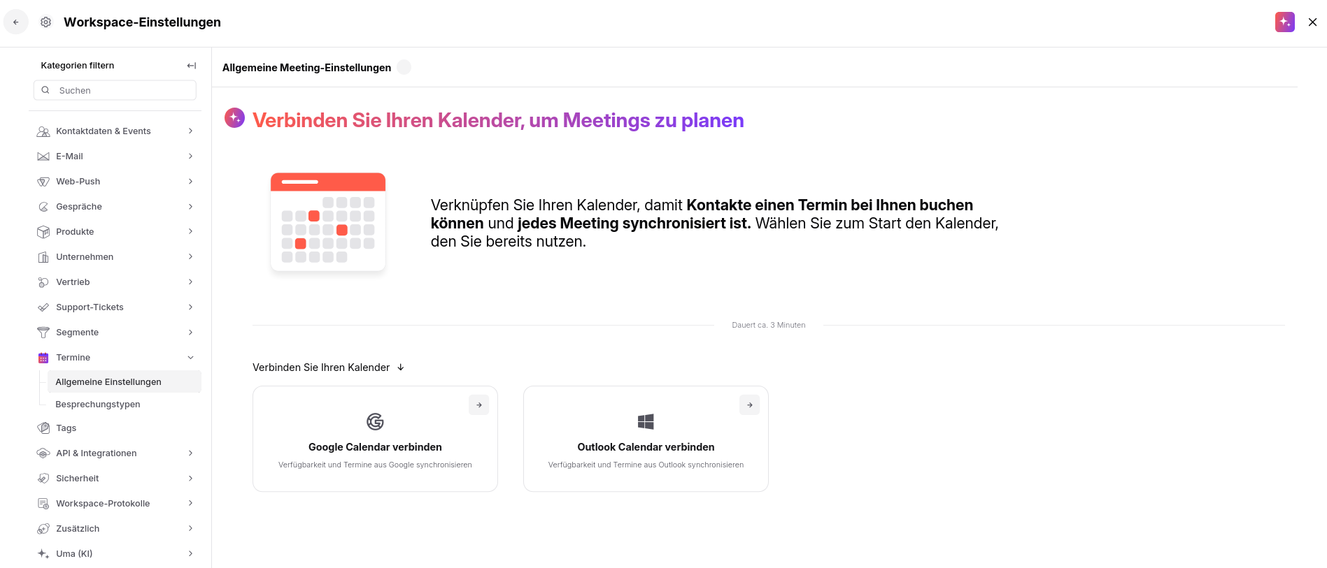 Workspace-Einstellungen shows Termine > Allgemeine Einstellungen with options to connect Google Calendar or Outlook Calendar for meeting scheduling. Visible: Workspace-Einstellungen, Kategorien filtern, Suchen, Termine, Allgemeine Einstellungen, Besprechungstypen.