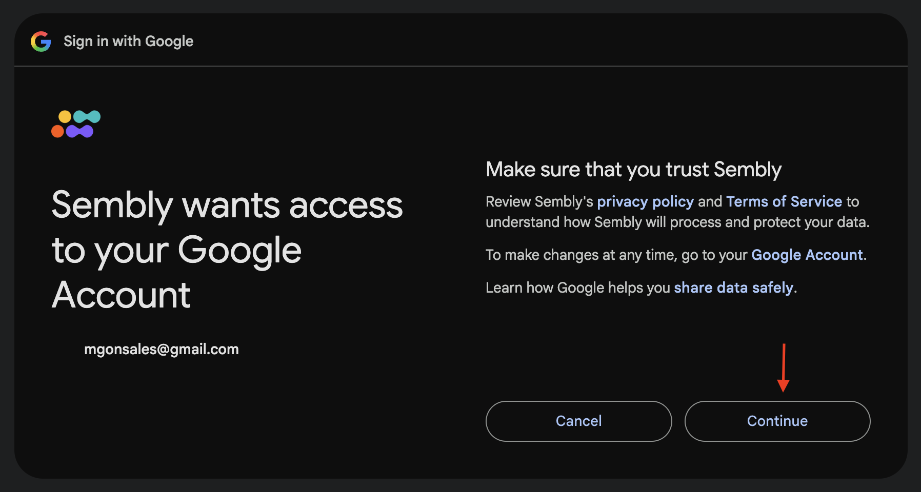 Google sign-in consent screen states Sembly wants access to the Google Account, with a red arrow pointing to Continue. Visible: Sign in with Google, Sembly wants access to your Google Account, mgonsales@gmail.com, Make sure that you trust Sembly, privacy policy, Terms of Service.