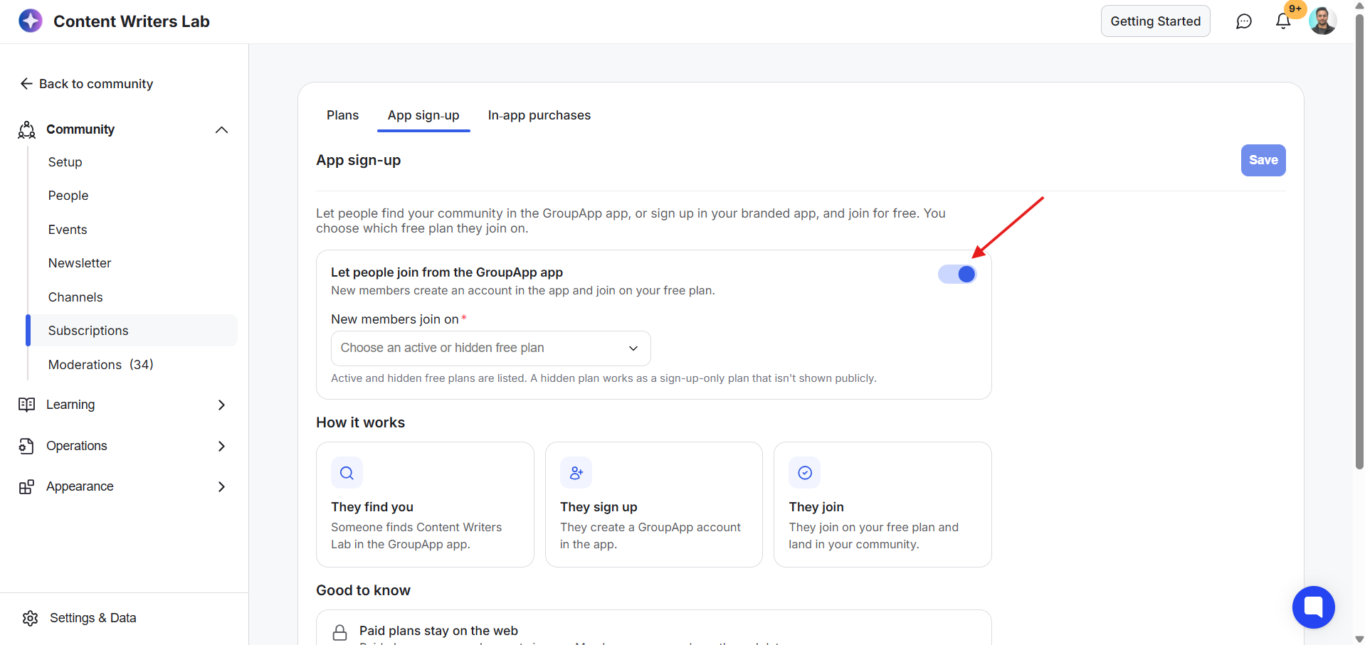 Community settings page with Subscriptions selected and the App sign-up tab open; a red arrow points to the enabled GroupApp app sign-up toggle. Visible: Content Writers Lab, Back to community, Community, Setup, People, Events.