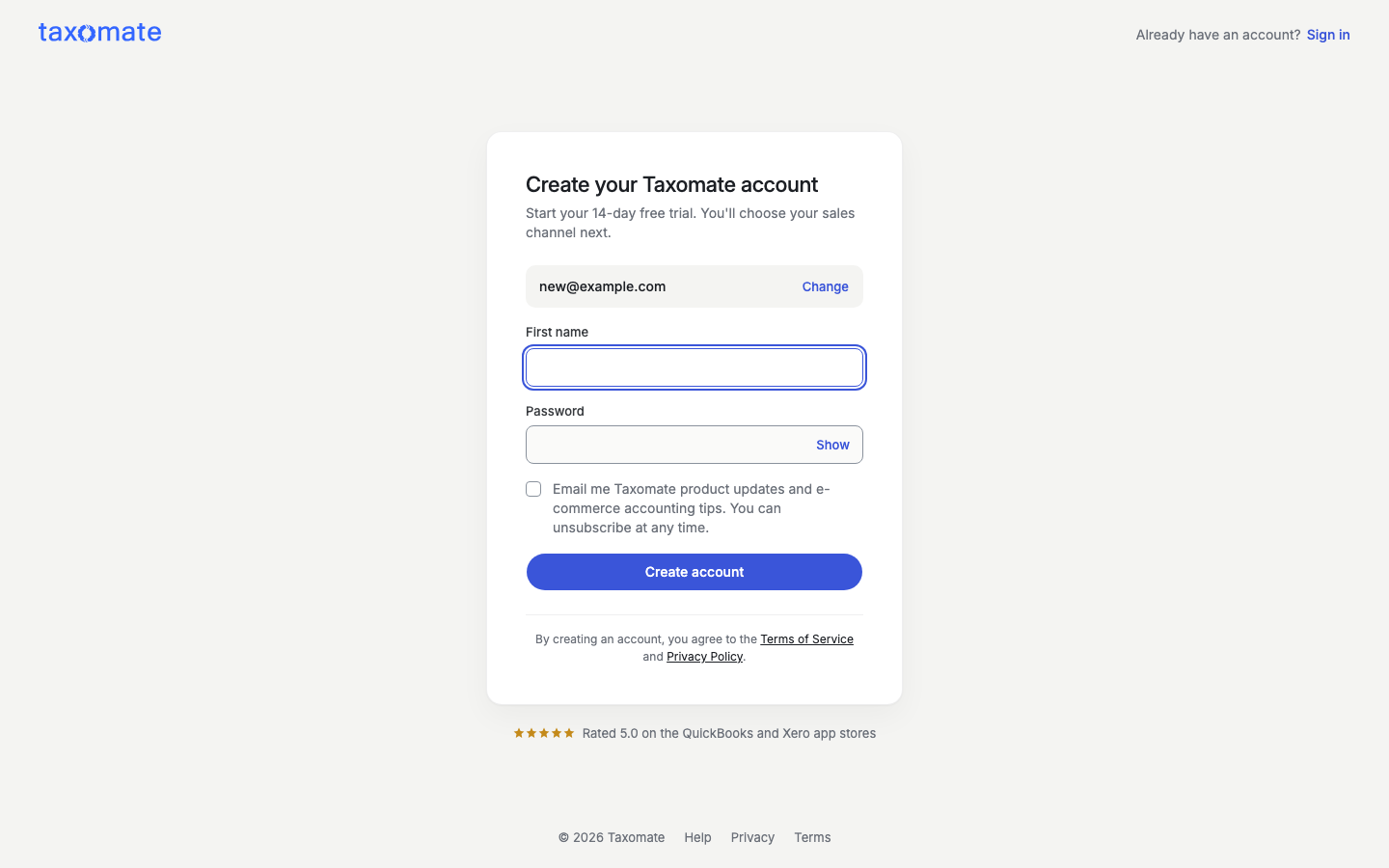 Sign-up step 2 with First name, Password and Create account