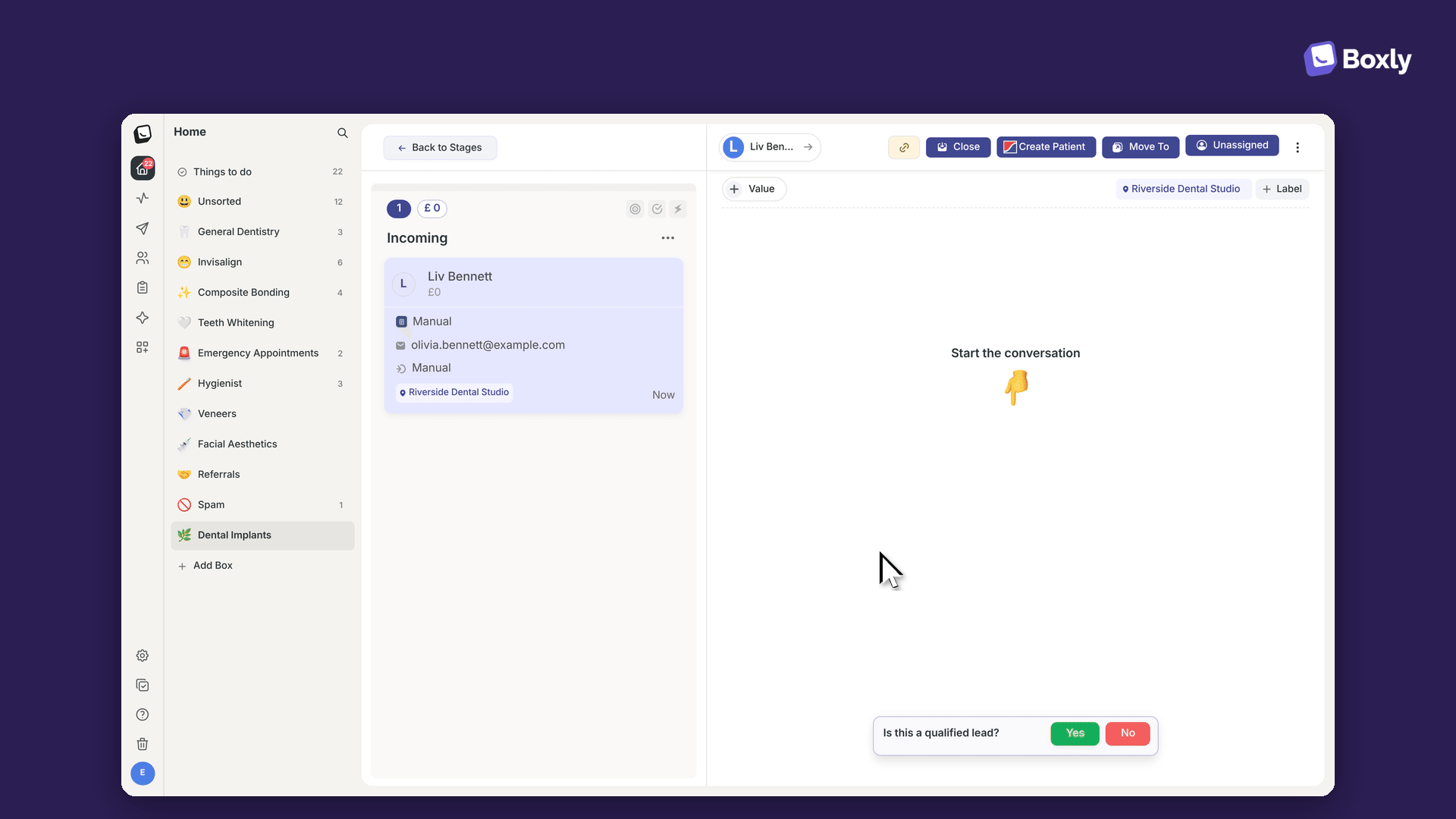Boxly inbox shows the Dental Implants stage with Liv Bennett’s conversation open and a qualified-lead prompt at the bottom. Visible: Home, Things to do, Unsorted, General Dentistry, Invisalign, Composite Bonding.
