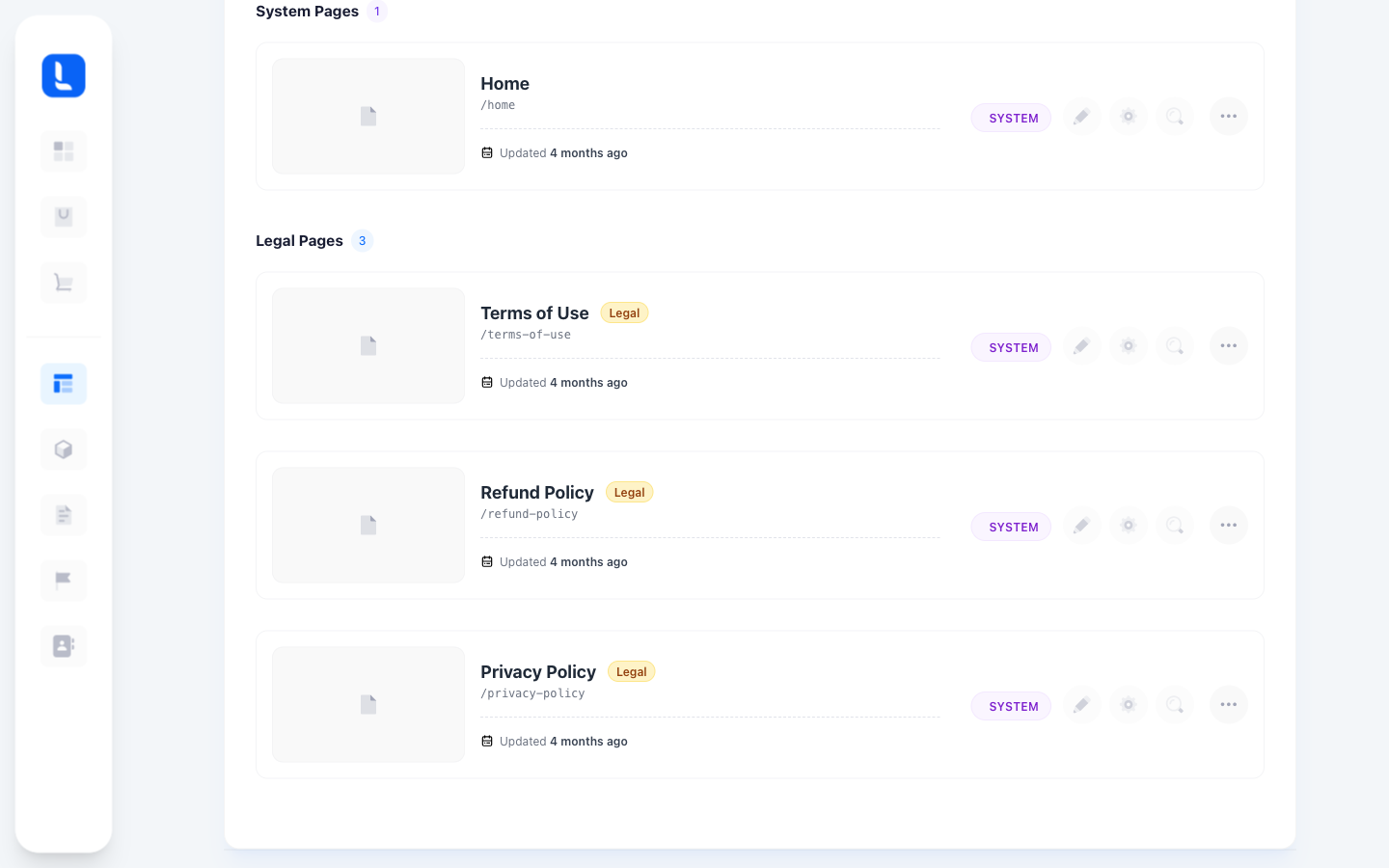 The Website Pages screen, showing the System Pages group with Home and the Legal Pages group with Terms of Use, Refund Policy and Privacy Policy.